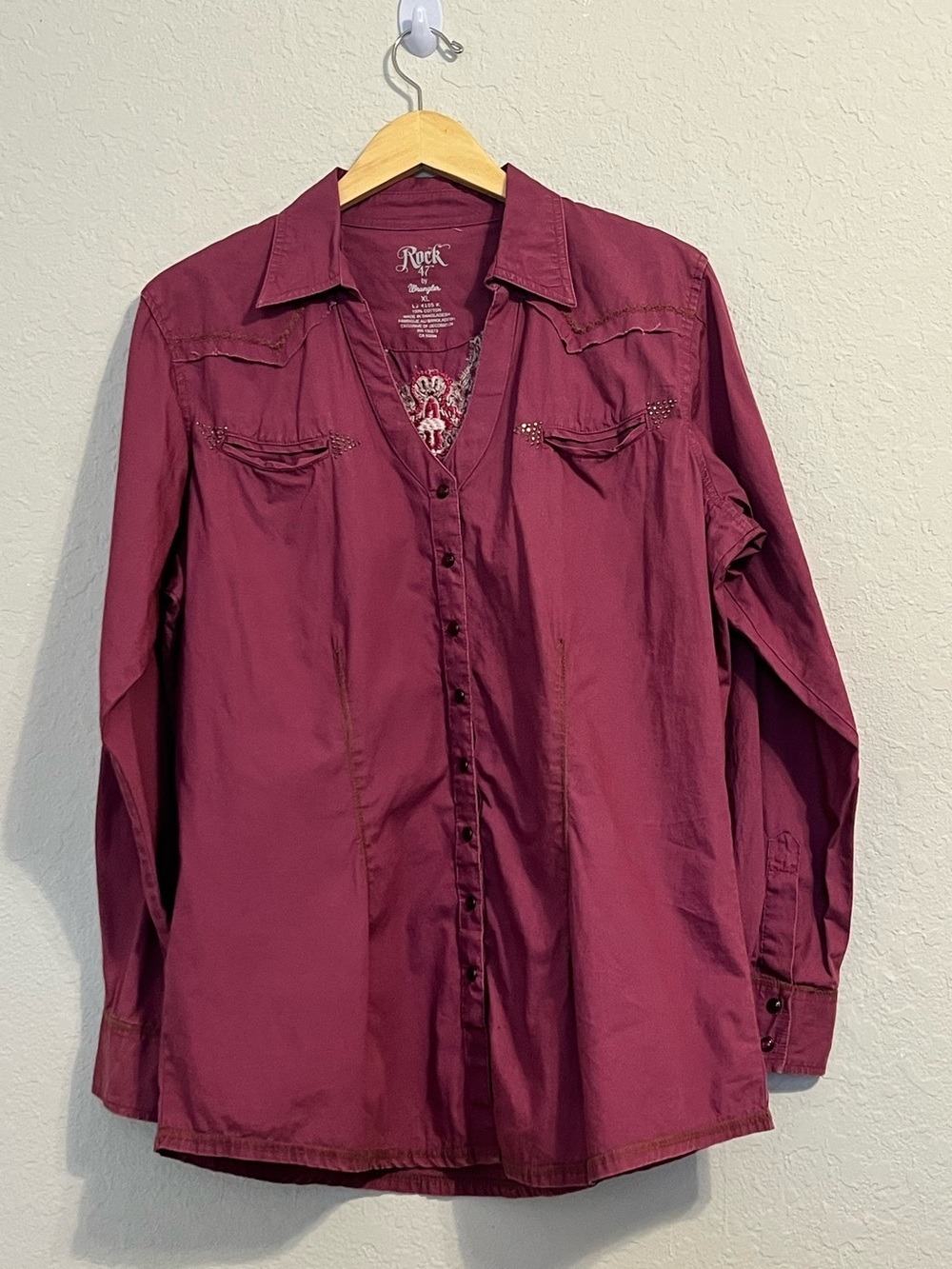 Rock 47 by Wrangler XL Western Shirt Cross Angel Wings Roll Tab Sleeve Cowgirl